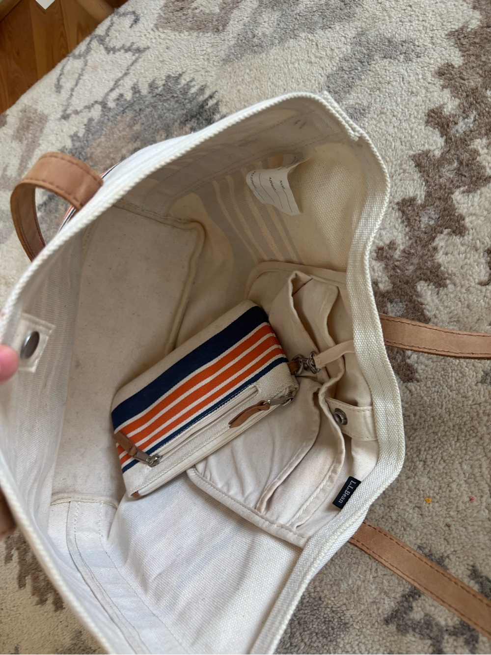 Rare Y2K L.L. Bean Boat and Tote with Leather Straps and Orange Stripe - Picture 4 of 14